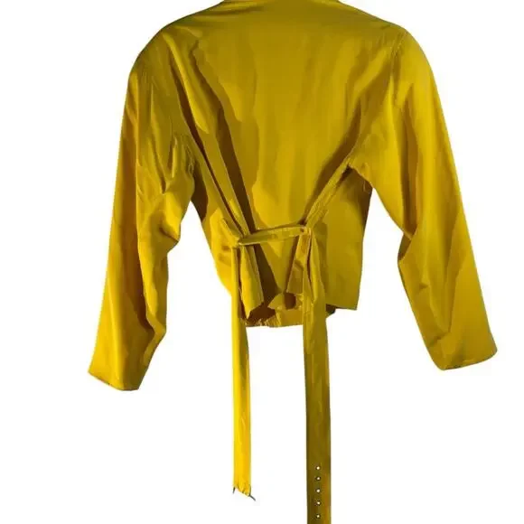 Vintage 80s Yellow Silk Moto Jacket Bold Shoulders Structured Hong Kong Made - Picture 12 of 15